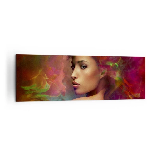 Impression sur toile - Image sur toile - Une femme aux reflets colorés créant un arrière-plan abstrait - 160x50cm - Plus beau qu'un arc-en-ciel, aussi délicat qu'un brouillard - Décoration murale moderne pour le salon et la chambre ARTTOR