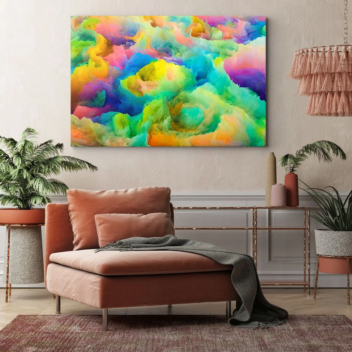 Impression sur toile - Image sur toile - Composition abstraite aux couleurs de l'arc-en-ciel - 70x50cm - Plumule arc-en-ciel - Décoration murale moderne pour le salon et la chambre ARTTOR