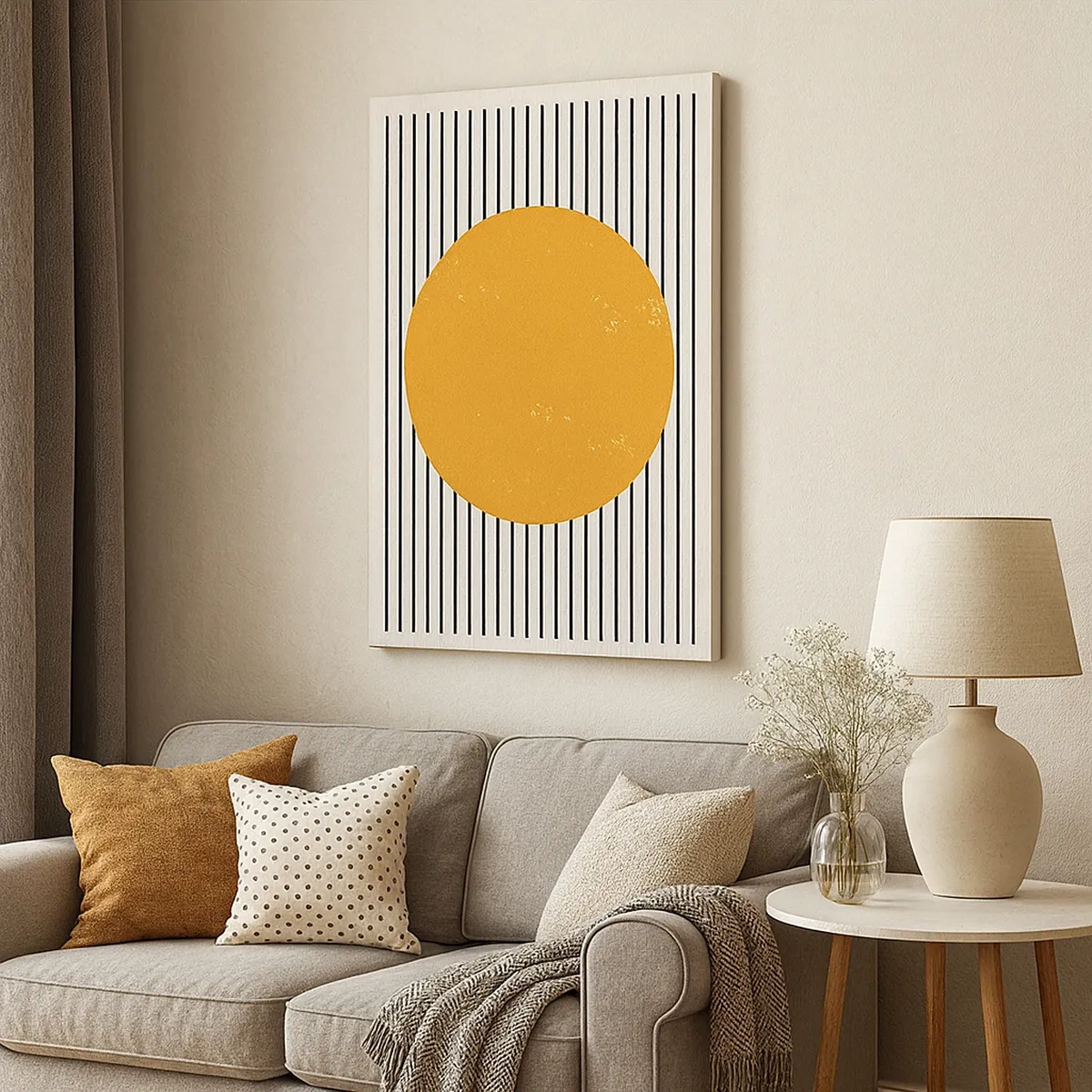 Impression sur toile - Image sur toile - Un cercle jaune sur un fond de lignes horizontales noires et blanches - 50x70cm - Le pouvoir de la simplicité - Décoration murale moderne pour le salon et la chambre ARTTOR