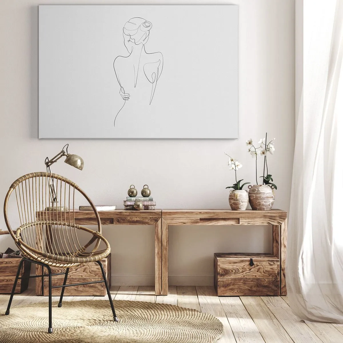 Impression sur toile - Image sur toile - Une ligne de contour montrant une silhouette féminine sur un fond clair - 120x80cm - Musique corporelle - Décoration murale moderne pour le salon et la chambre ARTTOR