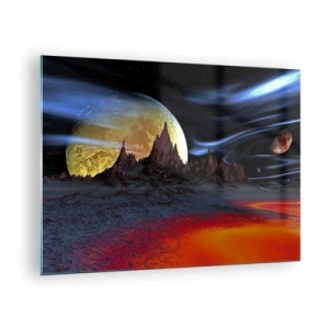 Impression sur verre - Image sur verre - Paysage extraterrestre avec une planète et un ciel coloré - 70x50cm - Monde inconnu - Décoration murale moderne pour le salon et la chambre ARTTOR