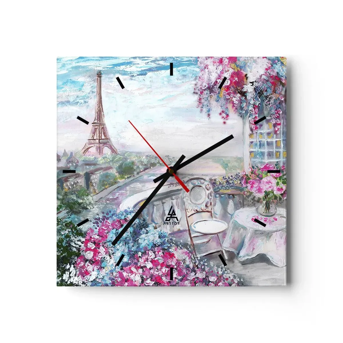Horloge murale - Pendule murale - Une vue romantique de Paris avec la Tour Eiffel et un balcon rempli de fleurs - 30x30cm - C'est le plus beau ici en mai - Décoration murale moderne pour le salon et la chambre ARTTOR