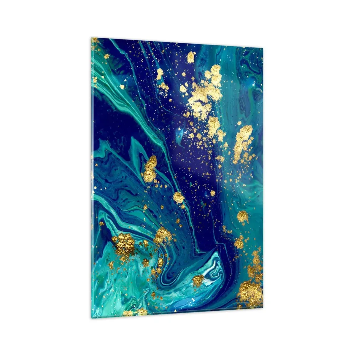 Impression sur verre - Image sur verre - Une composition abstraite avec des accents bleus, verts et dorés. - 80x120cm - Les pétales du soleil - Décoration murale moderne pour le salon et la chambre ARTTOR