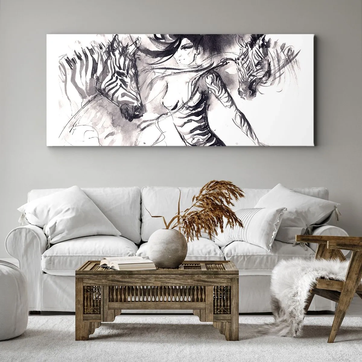 Impression sur toile - Image sur toile - Une femme dans une danse dynamique avec des zèbres dans une esthétique noir et blanc - 160x50cm - Danse avec les zèbres - Décoration murale moderne pour le salon et la chambre ARTTOR
