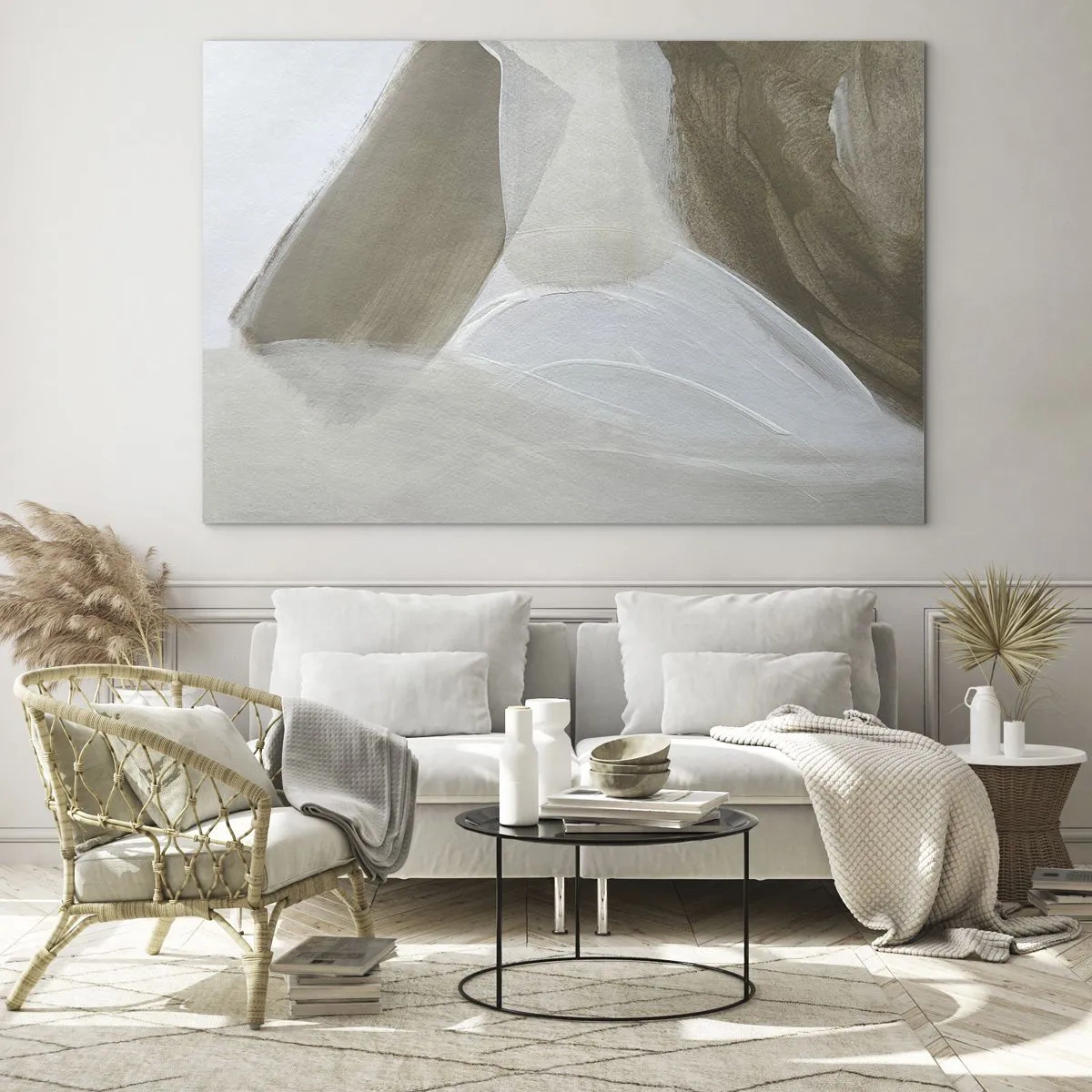 Impression sur verre - Image sur verre - Une abstraction délicate en blanc et beige avec des traits doux. - 70x50cm - Une vague de blanc - Décoration murale moderne pour le salon et la chambre ARTTOR