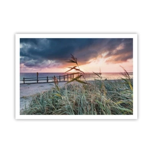 Affiche - Poster - Plage au coucher du soleil avec des herbes au premier plan - 100x70cm - Ça ne passe pas avec le vent - Décoration murale moderne pour le salon et la chambre ARTTOR