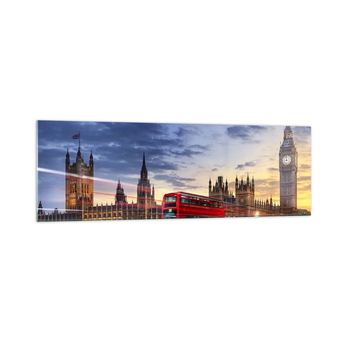 Impression sur verre - Image sur verre - Un bus rouge avec Big Ben et les Chambres du Parlement en arrière-plan au crépuscule. - 160x50cm - Caractères spéciaux - Décoration murale moderne pour le salon et la chambre ARTTOR