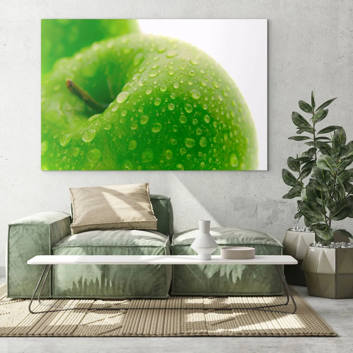 Impression sur verre - Image sur verre - Une pomme verte couverte de gouttes d'eau - 100x70cm - Fraîcheur de verdure fraîche - Décoration murale moderne pour le salon et la chambre ARTTOR
