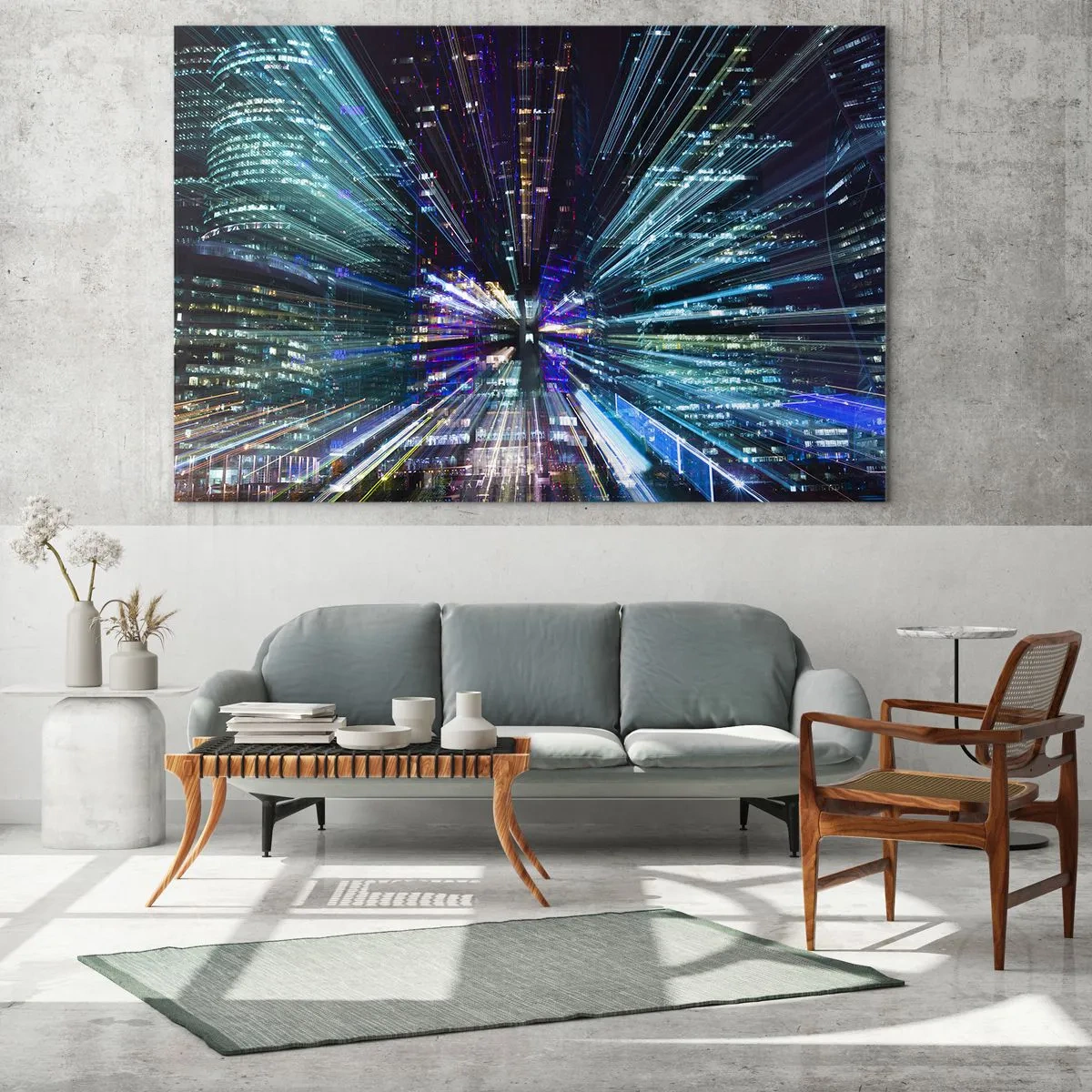 Impression sur verre - Image sur verre - Lignes lumineuses dynamiques sur fond de ville nocturne - 70x50cm - Transition vers l'hyperespace - Décoration murale moderne pour le salon et la chambre ARTTOR