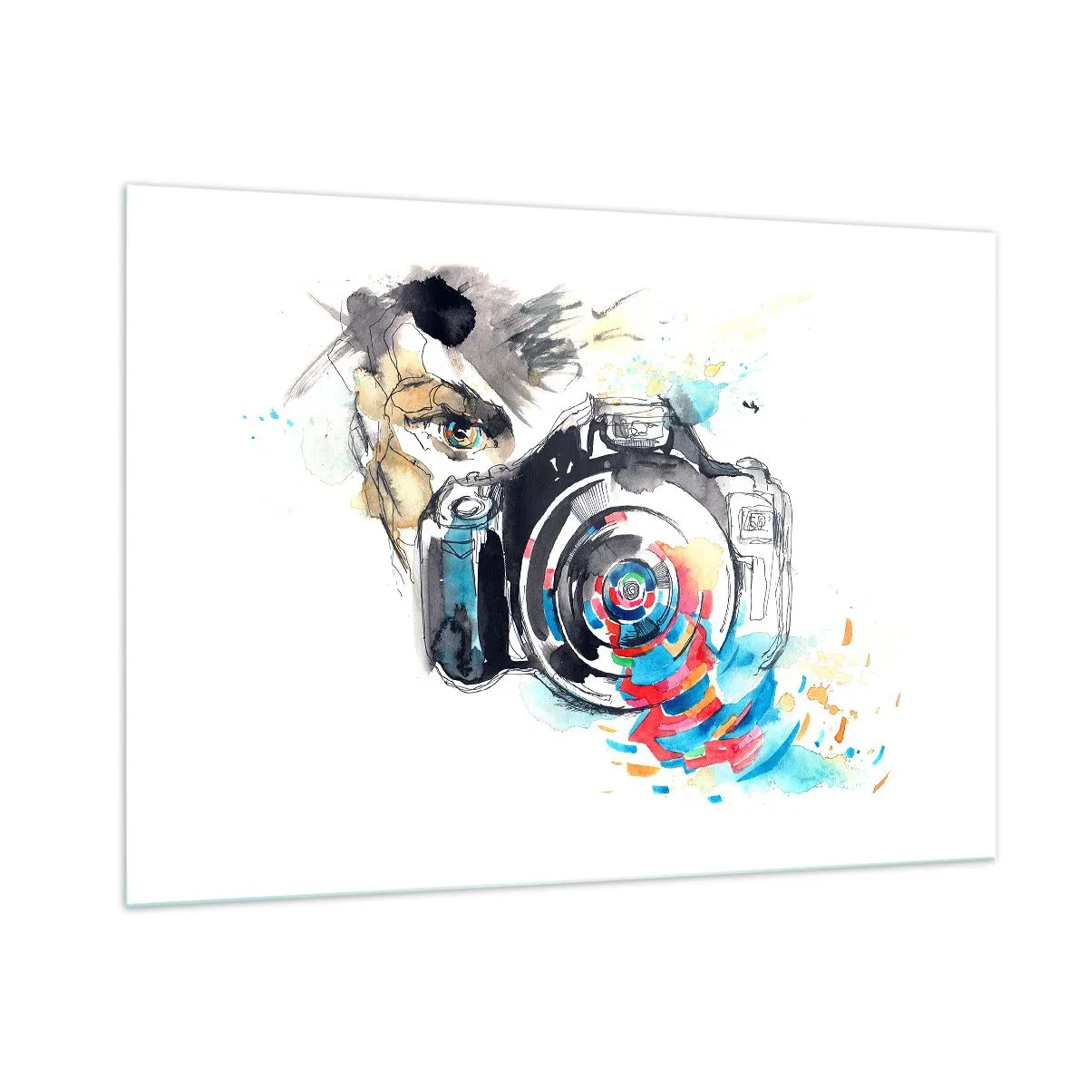Impression sur verre - Image sur verre - Appareil photo avec des éléments colorés abstraits - 100x70cm - Dans l'oeil de l'objectif - Décoration murale moderne pour le salon et la chambre ARTTOR