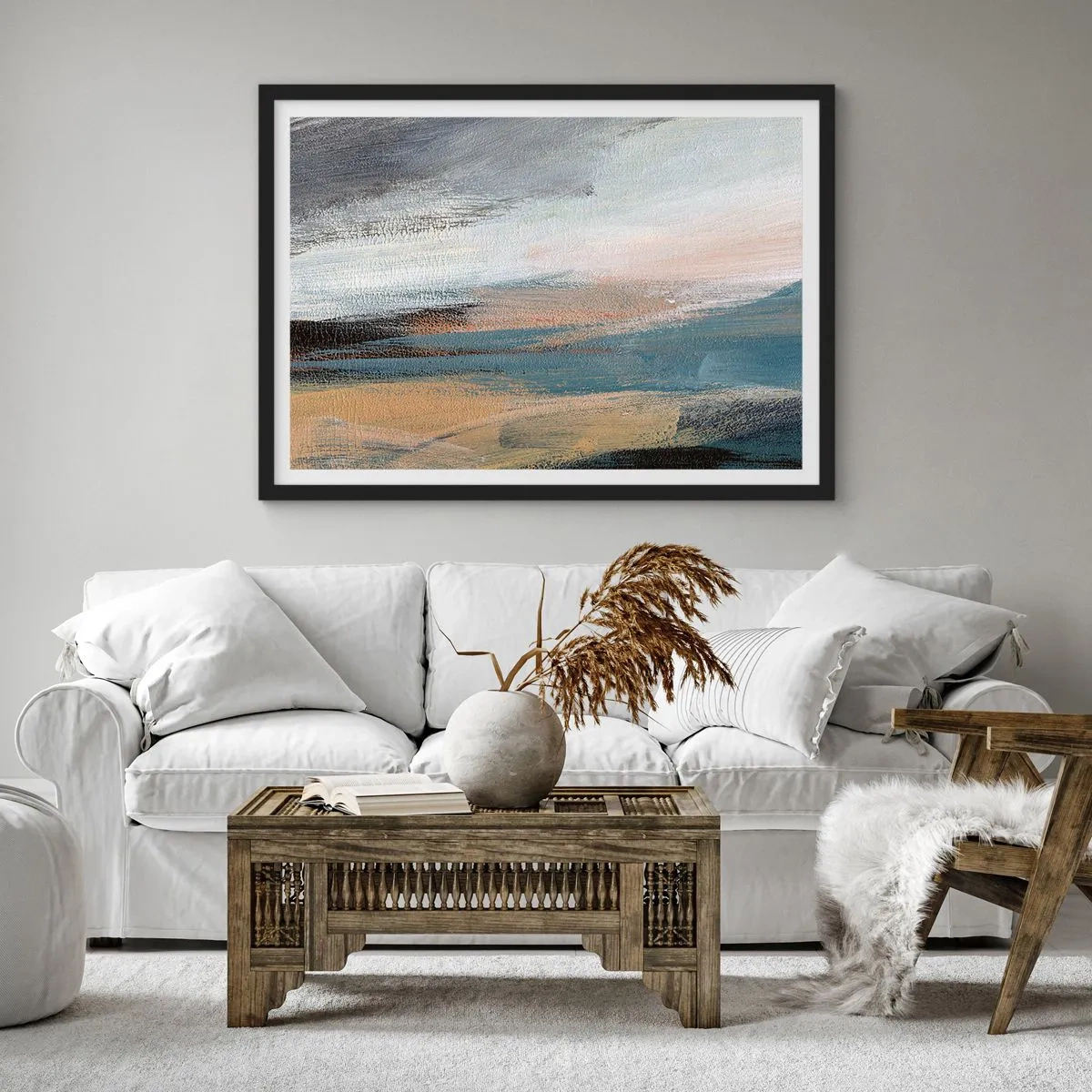Affiche dans un cadre noir - Poster - Paysage abstrait dans des tons sobres de bleu et de beige - 70x50cm - Abstraction : paysage nordique - Décoration murale moderne pour le salon et la chambre ARTTOR