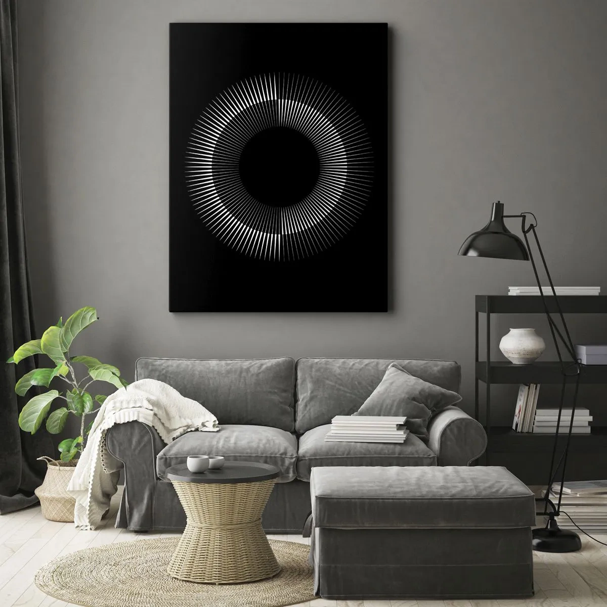 Impression sur toile - Image sur toile - Cercle graphique avec des rayons en noir et blanc - 80x120cm - Soleil noir - Décoration murale moderne pour le salon et la chambre ARTTOR