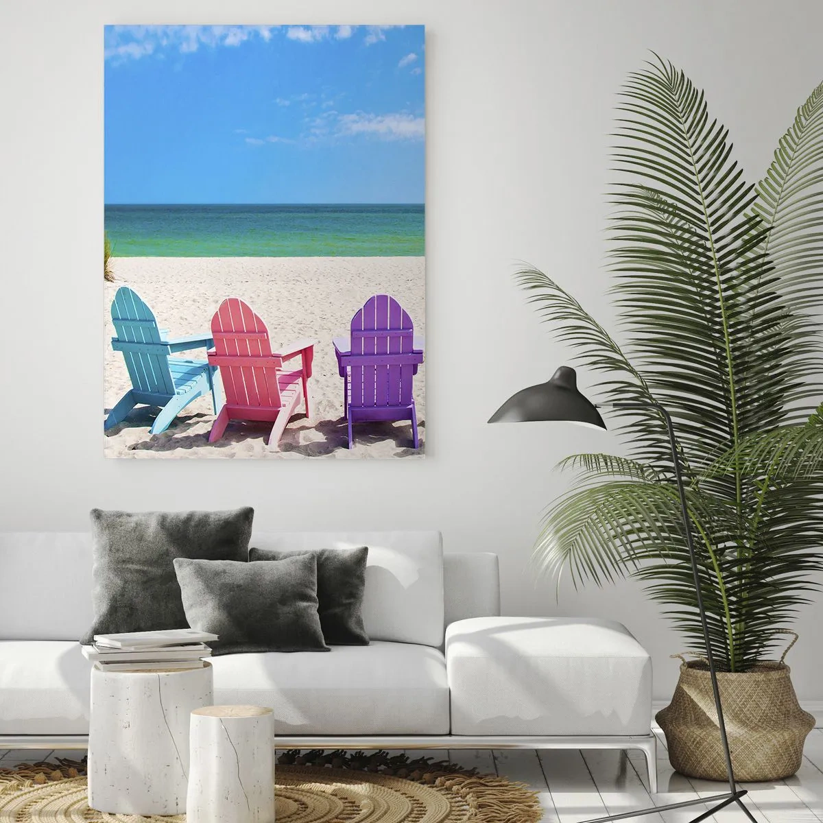 Impression sur verre - Image sur verre - Chaises longues colorées sur la plage avec vue sur la mer - 80x120cm - Plage arc-en-ciel - Décoration murale moderne pour le salon et la chambre ARTTOR