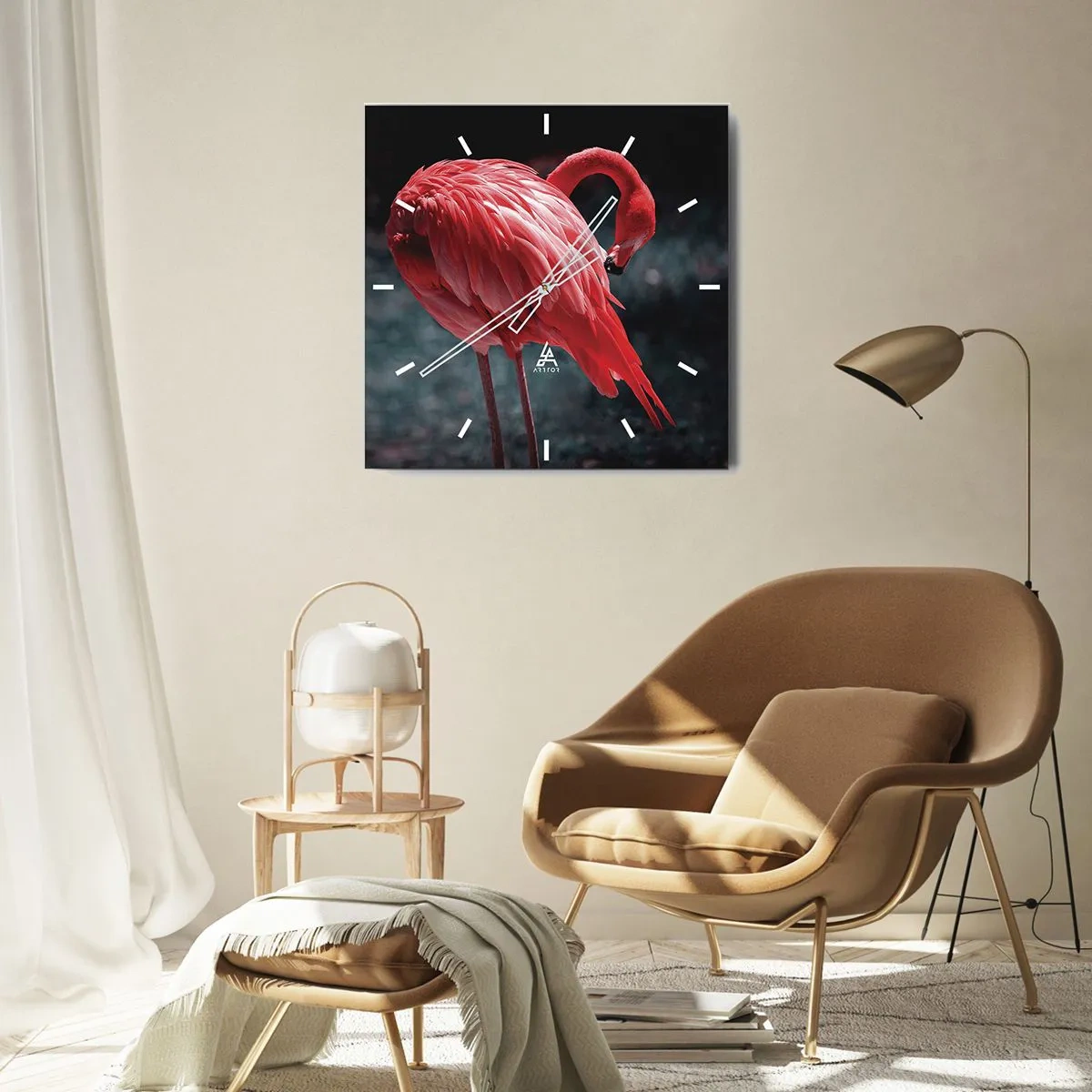 Horloge murale - Pendule murale - Un flamant rose sur fond vert foncé - 30x30cm - Poème cramoisi de la nature - Décoration murale moderne pour le salon et la chambre ARTTOR