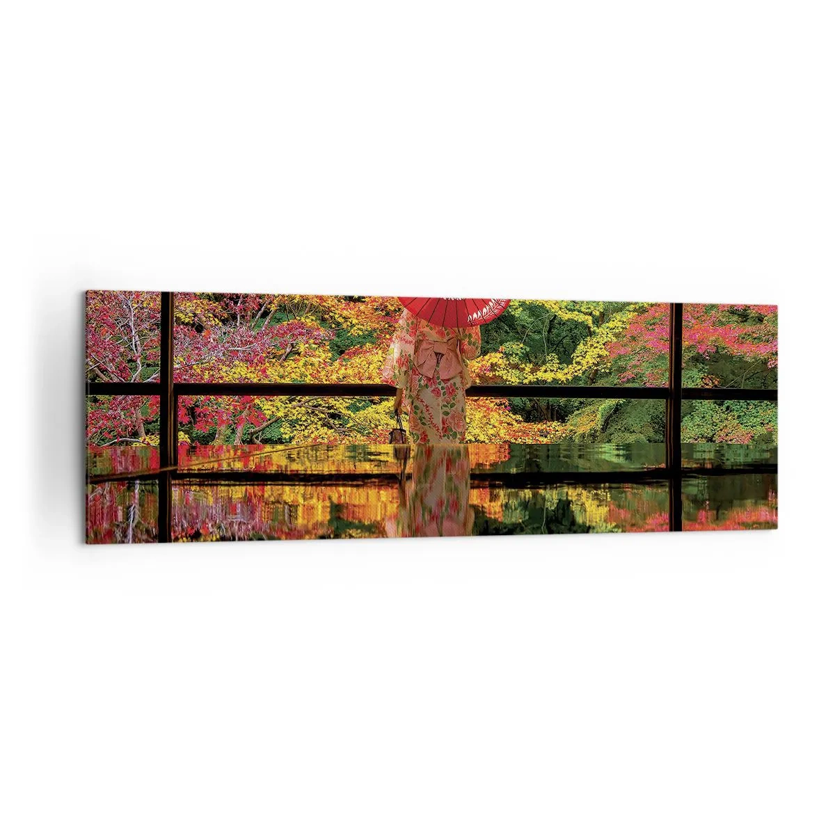 Impression sur toile - Image sur toile - Une femme en kimono avec un parapluie sur fond de paysage d'automne. - 160x50cm - Dans le temple de la nature - Décoration murale moderne pour le salon et la chambre ARTTOR