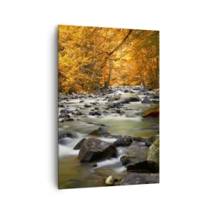 Impression sur toile - Image sur toile - Un ruisseau dans une forêt d'automne entouré de feuilles dorées - 70x100cm - Un ruisseau dans une forêt dorée - Décoration murale moderne pour le salon et la chambre ARTTOR