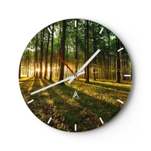 Horloge murale - Pendule murale - Une forêt avec des rayons de soleil qui brillent à travers les arbres - 30x30cm - Toutes les photographies de printemps - Décoration murale moderne pour le salon, la cuisine et la chambre ARTTOR