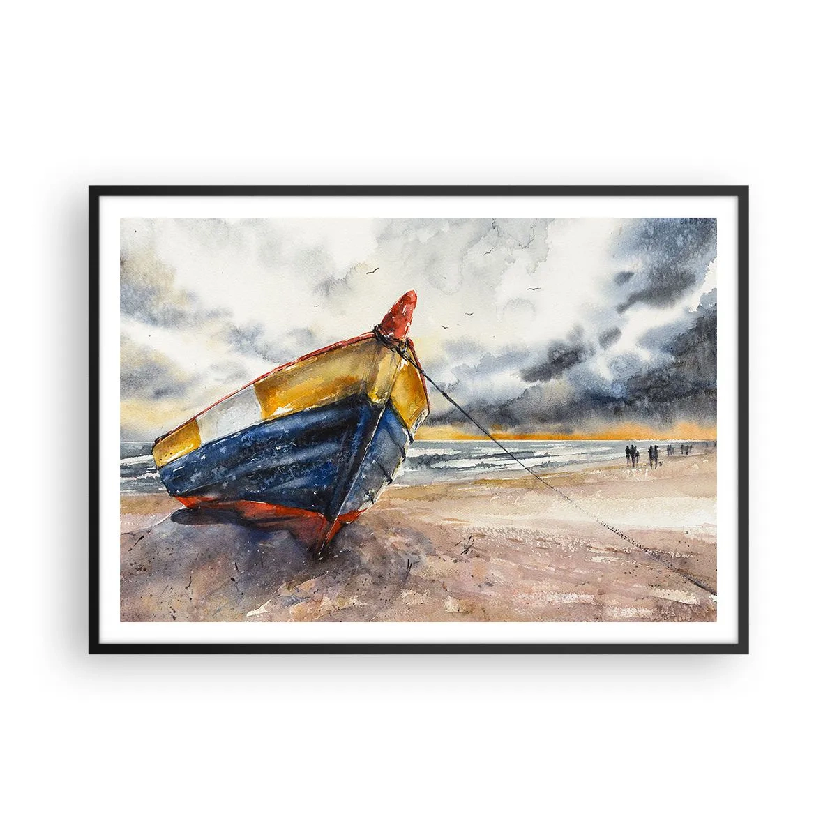 Affiche dans un cadre noir - Poster - Un bateau pittoresque sur la plage sous un ciel nuageux - 100x70cm - Repos sur le rivage - Décoration murale moderne pour le salon et la chambre ARTTOR