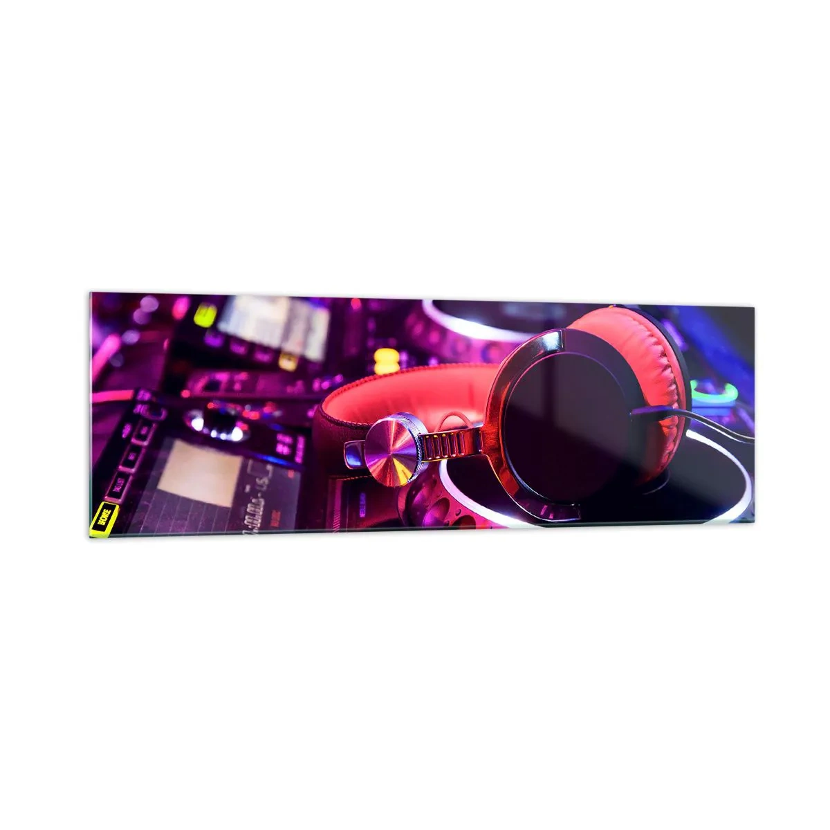Impression sur verre - Image sur verre - Casque DJ sur une console avec éclairage néon - 160x50cm - Avant que le plaisir ne commence - Décoration murale moderne pour le salon et la chambre ARTTOR