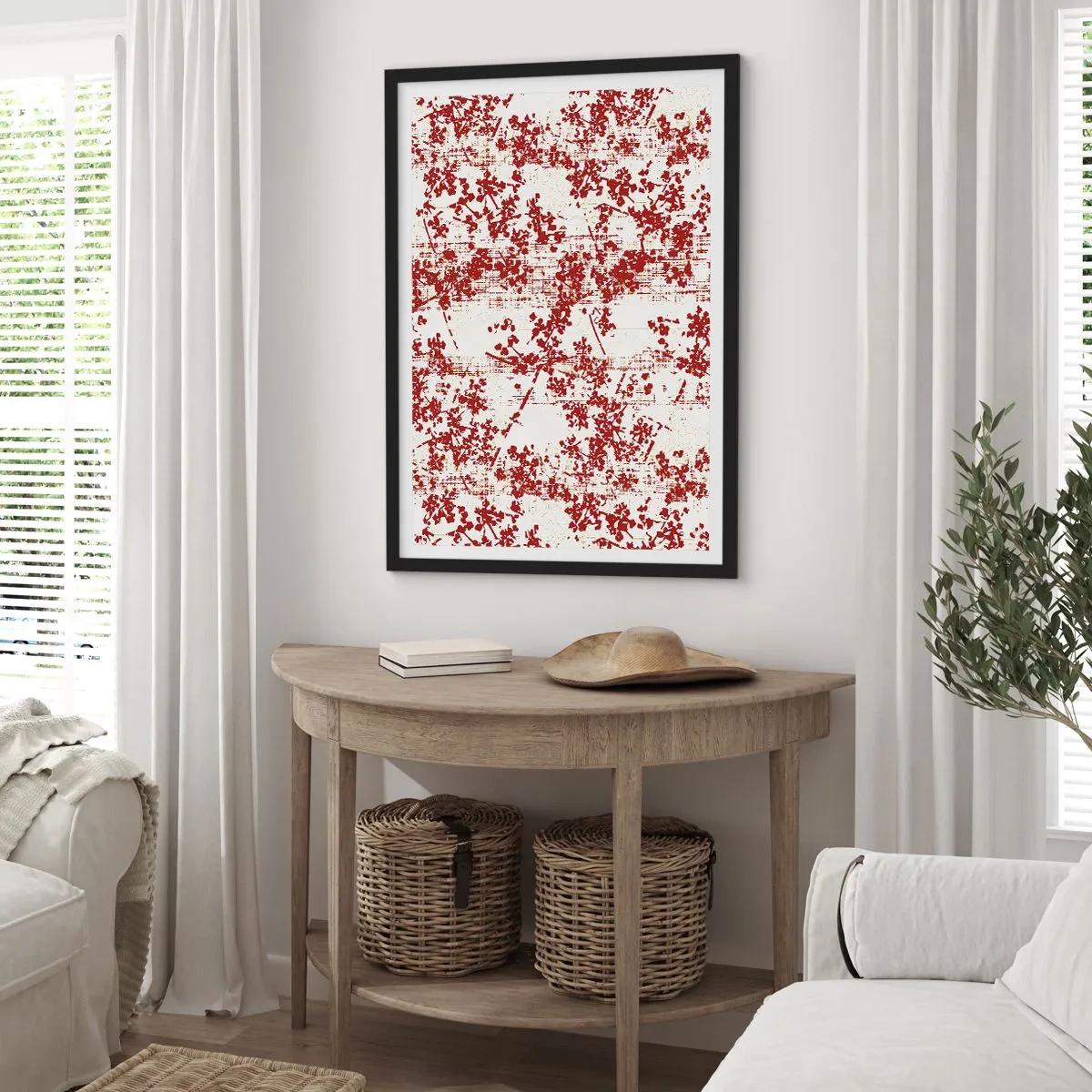 Affiche dans un cadre noir - Poster - Des accents floraux rouges sur un fond clair - 50x70cm - Comme un calicot ancien - Décoration murale moderne pour le salon et la chambre ARTTOR