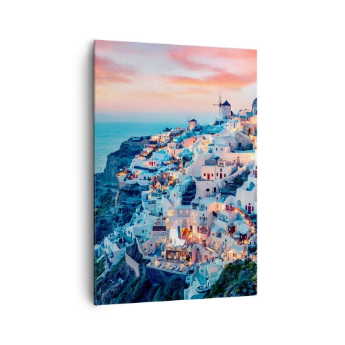 Impression sur toile - Image sur toile - Santorin au coucher du soleil avec des bâtiments blancs sur la colline - 70x100cm - Vos grandes vacances en Grèce - Décoration murale moderne pour le salon et la chambre ARTTOR