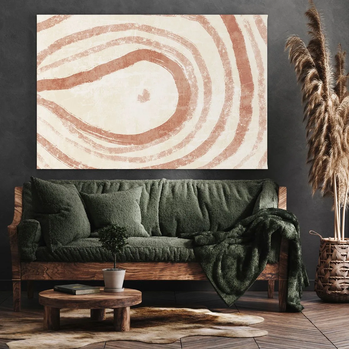 Impression sur toile - Image sur toile - Un motif abstrait de lignes concentriques dans des tons de terre cuite. - 70x50cm - Cercles de corail – composition - Décoration murale moderne pour le salon et la chambre ARTTOR