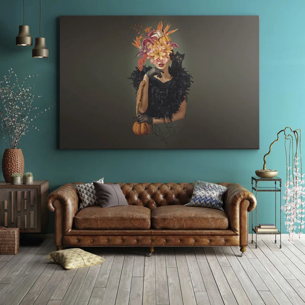 Impression sur toile - Image sur toile - Portrait d'une femme aux motifs d'automne et un chat - 120x80cm - Sort de sorcière - Décoration murale moderne pour le salon et la chambre ARTTOR