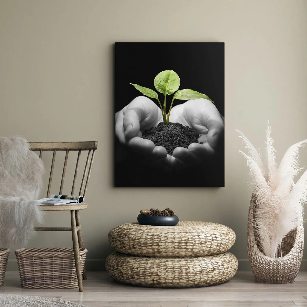 Impression sur toile - Image sur toile - Mains tenant une plante verte sur fond noir - 50x70cm - J'aime la nature, je la protège - Décoration murale moderne pour le salon et la chambre ARTTOR