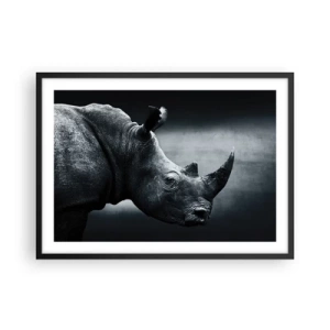 Affiche dans un cadre noir - Poster - Portrait noir et blanc d'un rhinocéros sur fond sombre - 70x50cm - Le profil droit - Décoration murale moderne pour le salon et la chambre ARTTOR