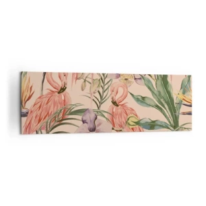 Impression sur toile - Image sur toile - Flamants roses et fleurs tropicales sur fond clair - 160x50cm - Ballet rose dans les fleurs - Décoration murale moderne pour le salon et la chambre ARTTOR
