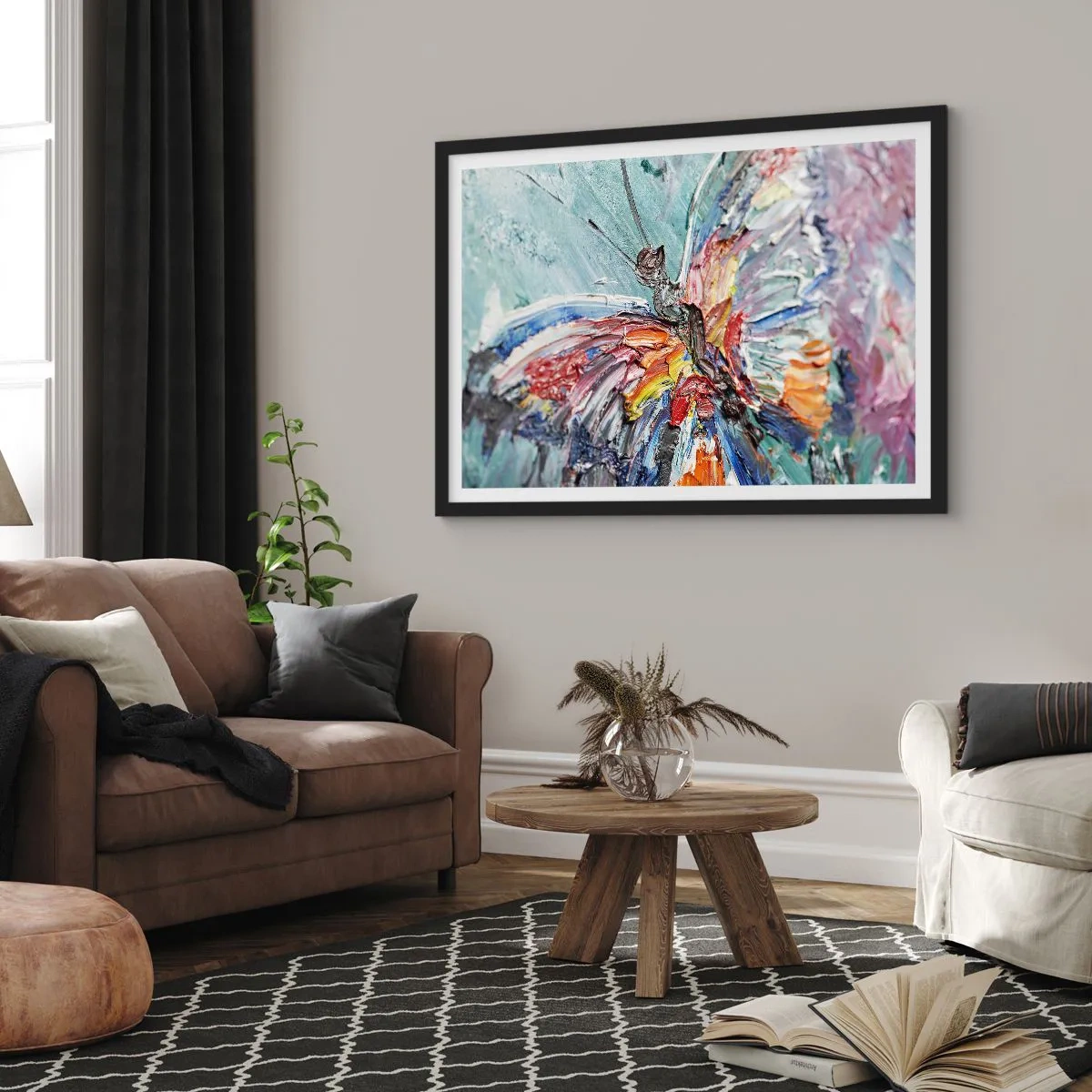 Affiche dans un cadre noir - Poster - Papillon coloré en pâte sur fond pastel - 70x50cm - Peint par nature - Décoration murale moderne pour le salon et la chambre ARTTOR
