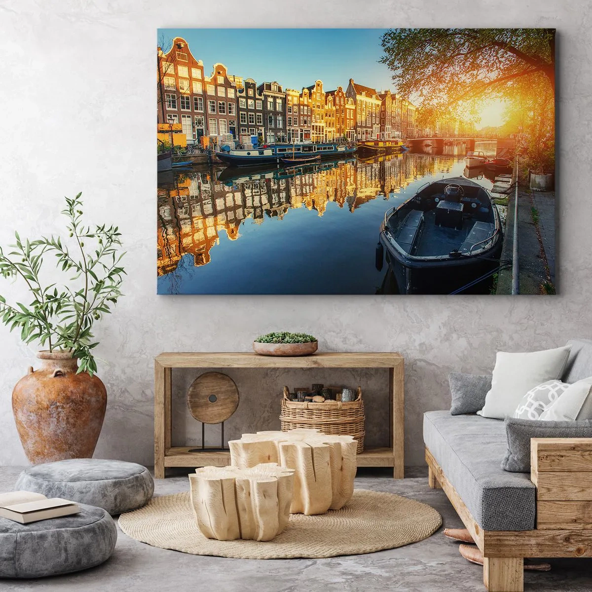 Impression sur toile - Image sur toile - Canal d'Amsterdam au coucher du soleil - 70x50cm - Début de journée à Amsterdam - Décoration murale moderne pour le salon et la chambre ARTTOR