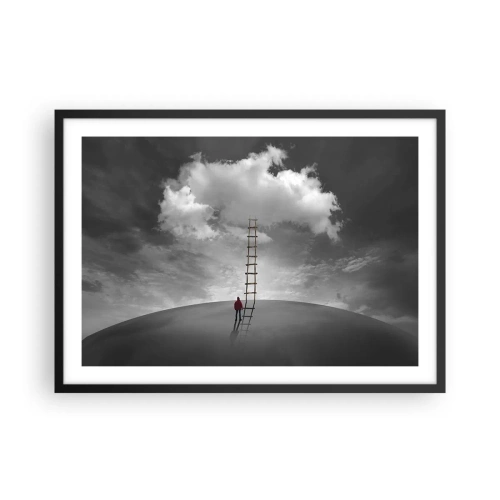 Affiche dans un cadre noir - Poster - Une personne portant un manteau rouge et une échelle menant à un nuage - 70x50cm - Tout est possible - Décoration murale moderne pour le salon et la chambre ARTTOR