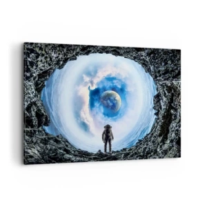 Impression sur toile - Image sur toile - Astronaute devant un paysage spatial avec la Terre en arrière-plan - 100x70cm - Plus très loin de la maison - Décoration murale moderne pour le salon et la chambre ARTTOR