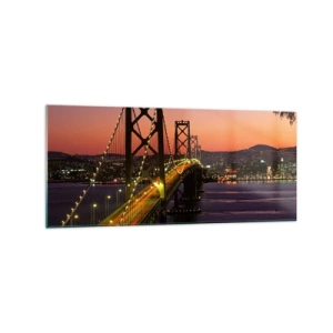 Impression sur verre - Image sur verre - Un pont illuminé la nuit au-dessus de l'eau avec une vue panoramique sur la ville - 120x50cm - Soirée violette - Décoration murale moderne pour le salon et la chambre ARTTOR