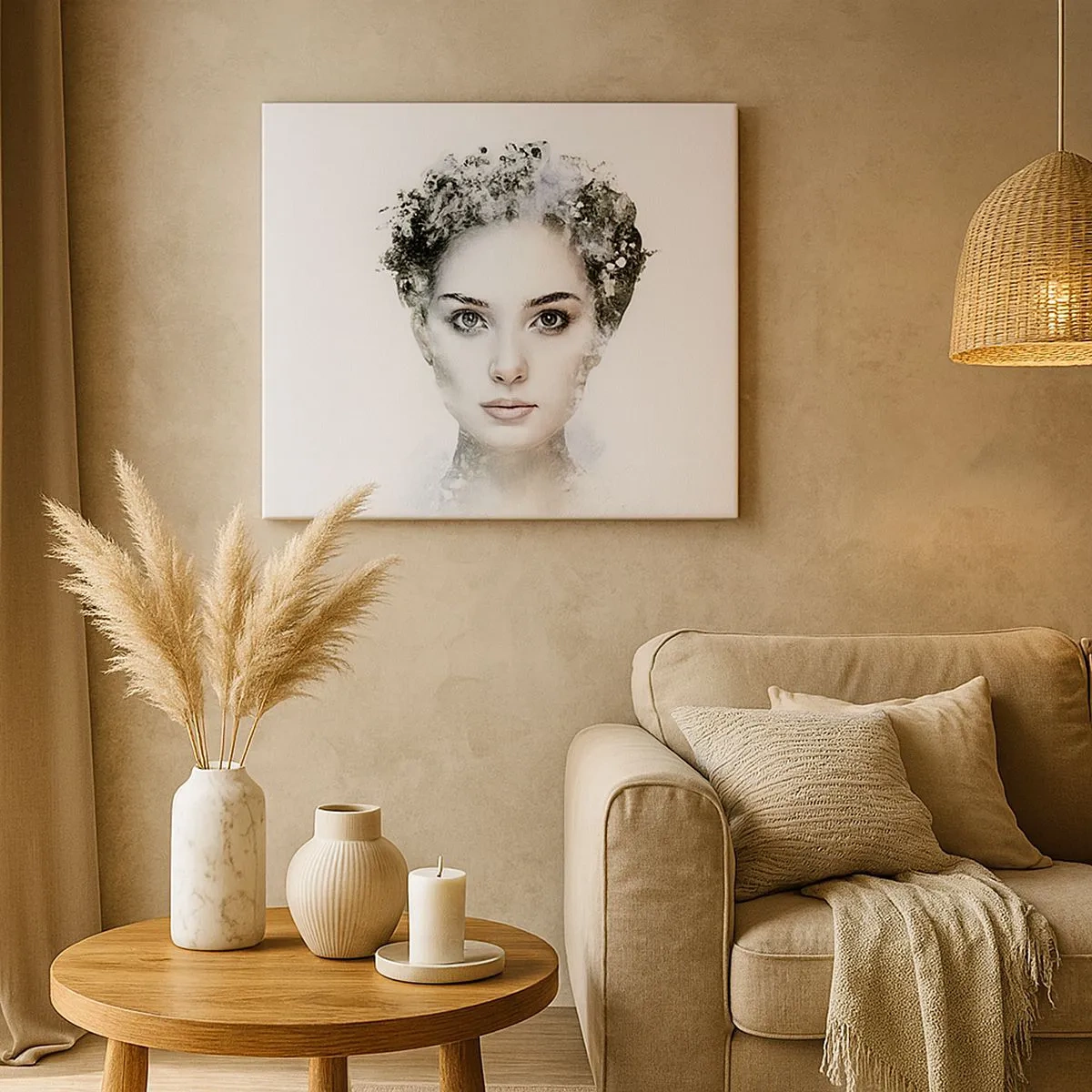 Impression sur toile - Image sur toile - Un portrait artistique d'une femme aux accents abstraits délicats. - 70x50cm - Un portrait extrêmement stylé - Décoration murale moderne pour le salon et la chambre ARTTOR