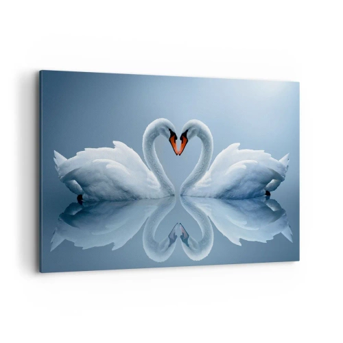Impression sur toile - Image sur toile - Deux cygnes formant un cœur sur une surface d'eau calme - 120x80cm - Le temps de l'amour - Décoration murale moderne pour le salon et la chambre ARTTOR