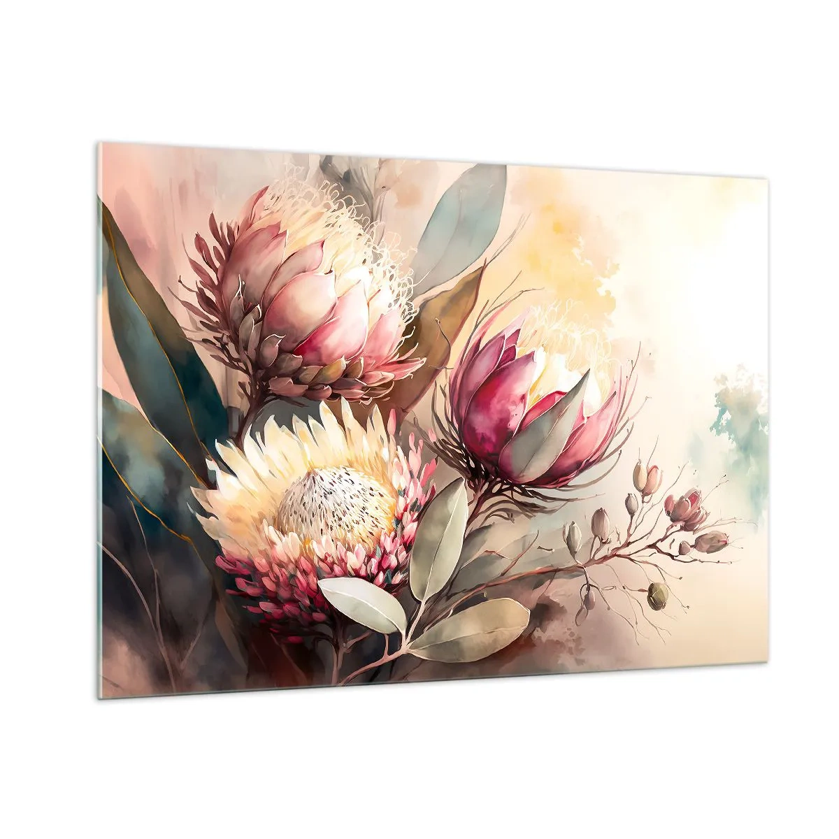 Impression sur verre - Image sur verre - Fleurs de Protea aux couleurs pastel sur un fond artistique - 100x70cm - De profil et de face - Décoration murale moderne pour le salon et la chambre ARTTOR