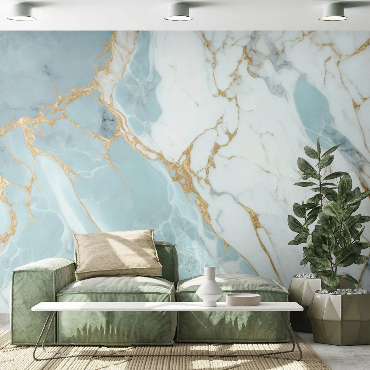 Papier Peint Photo Premium Sand - Motif en marbre bleu et blanc avec des accents dorés - 100x70cm - Richesse en pierre - Décoration murale moderne pour le salon et la chambre ARTTOR