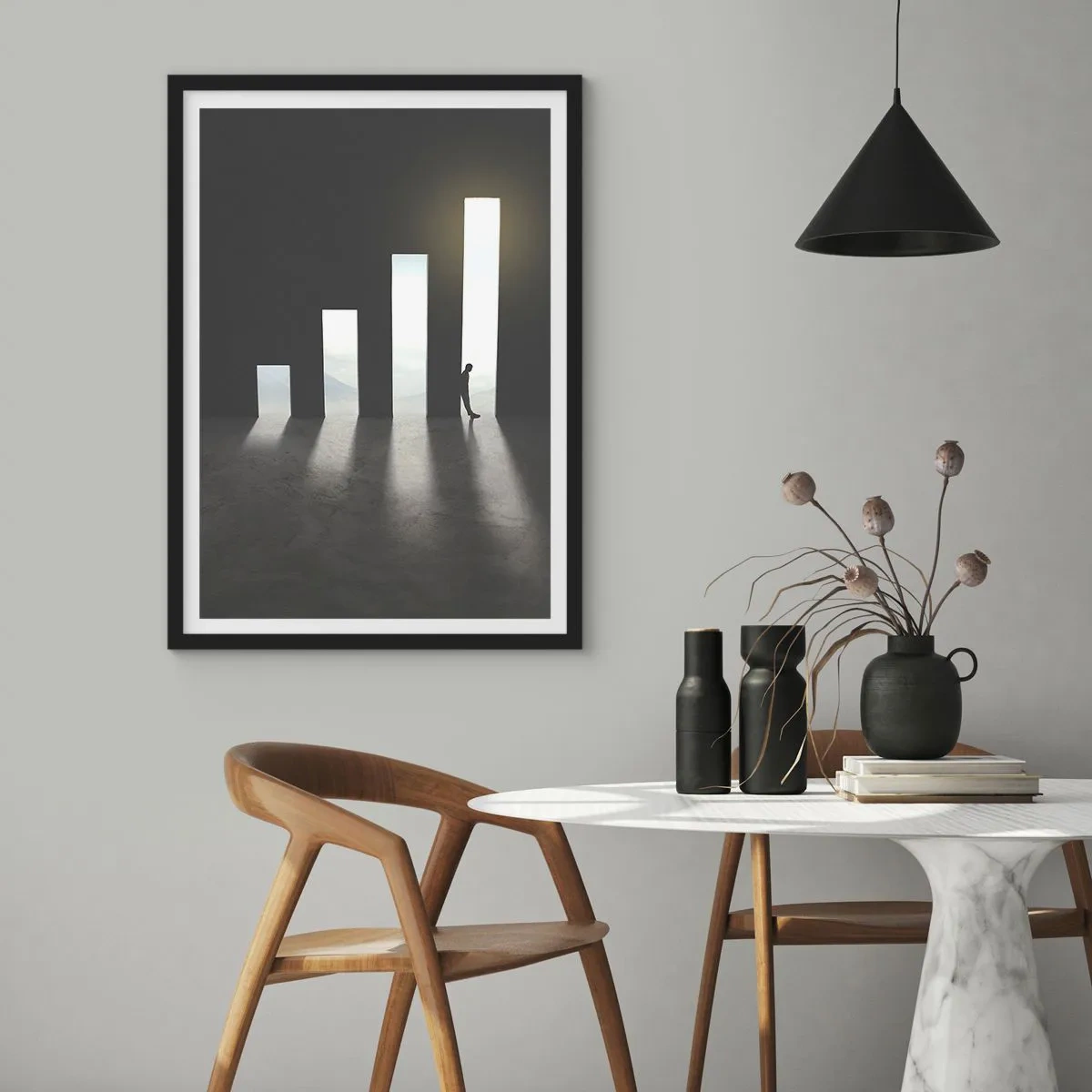 Affiche dans un cadre noir - Poster - Une porte symbolique en forme de graphique avec une figure - 50x70cm - Succès – impression - Décoration murale moderne pour le salon et la chambre ARTTOR