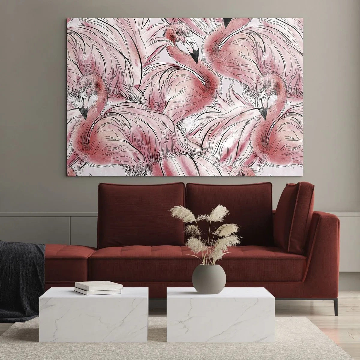 Impression sur verre - Image sur verre - Flamants roses dans un style de dessin animé décoratif - 100x70cm - Oiseau corps de ballet - Décoration murale moderne pour le salon et la chambre ARTTOR