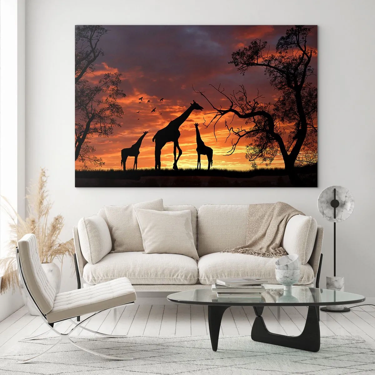 Impression sur verre - Image sur verre - Silhouettes de girafes sur fond de coucher de soleil dans un paysage africain - 120x80cm - Un petit dîner avec vos proches - Décoration murale moderne pour le salon et la chambre ARTTOR