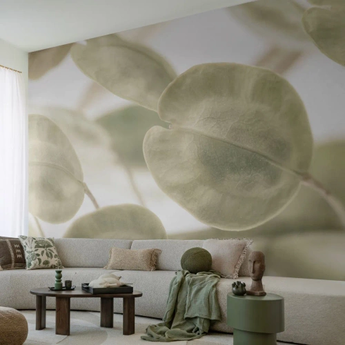 Papier Peint Photo Premium Sand - Feuilles vert clair délicates sur fond clair - 100x70cm - Au commencement il y avait des feuilles... - Décoration murale moderne pour le salon et la chambre ARTTOR