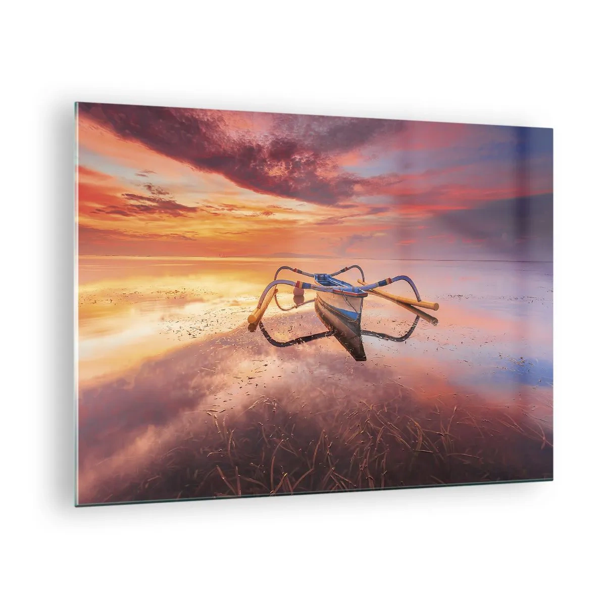 Impression sur verre - Image sur verre - Bateau traditionnel sur une eau calme au coucher du soleil - 70x50cm - Le calme d'une soirée tropicale - Décoration murale moderne pour le salon et la chambre ARTTOR