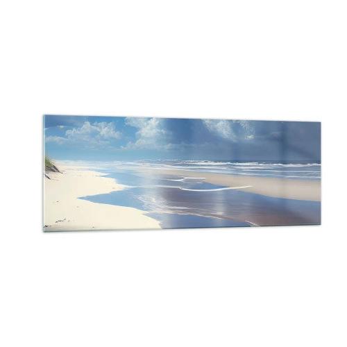 Impression sur verre - Image sur verre - Une plage de sable avec des vagues sous un ciel bleu - 140x50cm - Des vacances paradisiaques - Décoration murale moderne pour le salon et la chambre ARTTOR