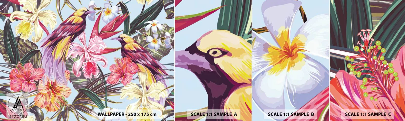 Échantillon de Papier Peint Autocollant Deluxe Sticker - Pétales et plumes - Oiseau, Fleurs, Jardin - 100x30 cm