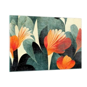 Impression sur verre - Image sur verre - Fleurs orange sur fond de feuilles vert foncé - 120x80cm - La chaleur des tropiques et la fraîcheur de la verdure - Décoration murale moderne pour le salon et la chambre ARTTOR