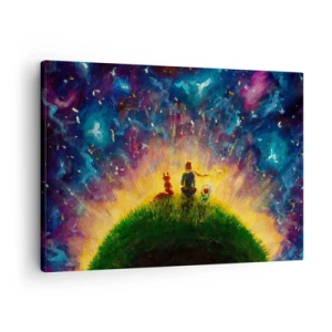 Impression sur toile - Image sur toile - Personnages sur une colline verdoyante entourée d'un ciel étoilé - 70x50cm - Amour et amitié - le monde entier - Décoration murale moderne pour le salon et la chambre ARTTOR
