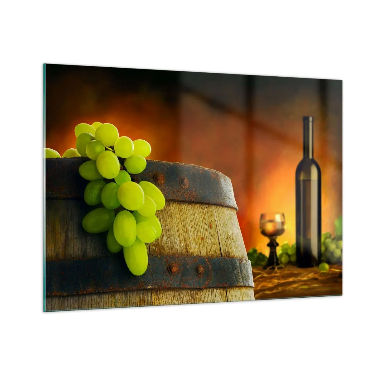 Impression sur verre - Image sur verre - Raisins sur un tonneau dans un cadre rustique avec du vin en arrière-plan - 100x70cm - Nature morte avec une bouteille de vin et une grappe de raisin - Décoration murale moderne pour le salon et la chambre ARTTOR