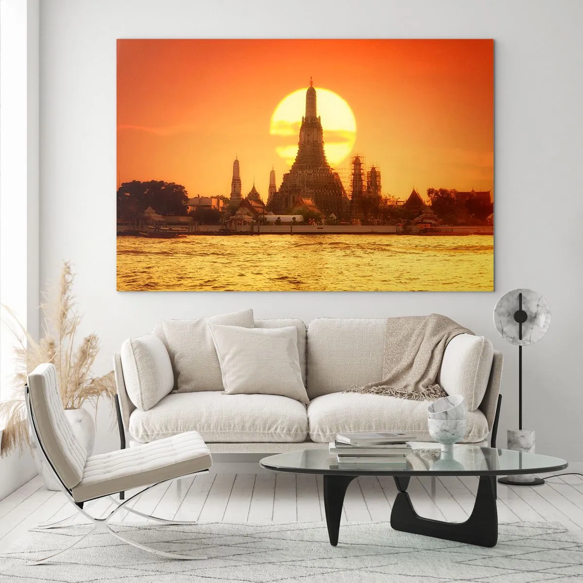 Impression sur verre - Image sur verre - Temple au coucher du soleil sur la rivière - 100x70cm - Vers le soleil, toujours vers le soleil - Décoration murale moderne pour le salon et la chambre ARTTOR
